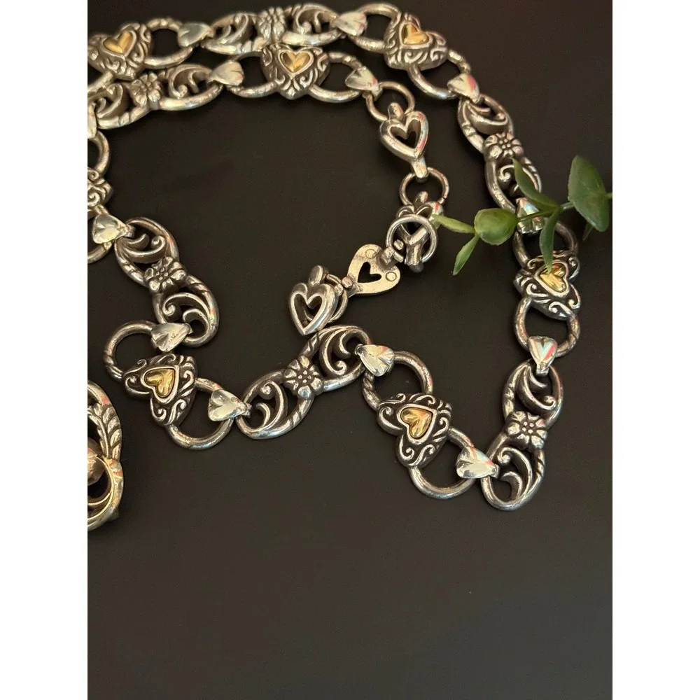 Brighton Two Tone Heart Scroll Chain Link Belt Western Mixed Metal 31.5in